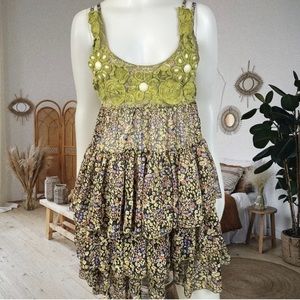 Womens Small AOP Floral Sheer Tiered Ruffle Dress Y2K Cottagecore Farm Festival